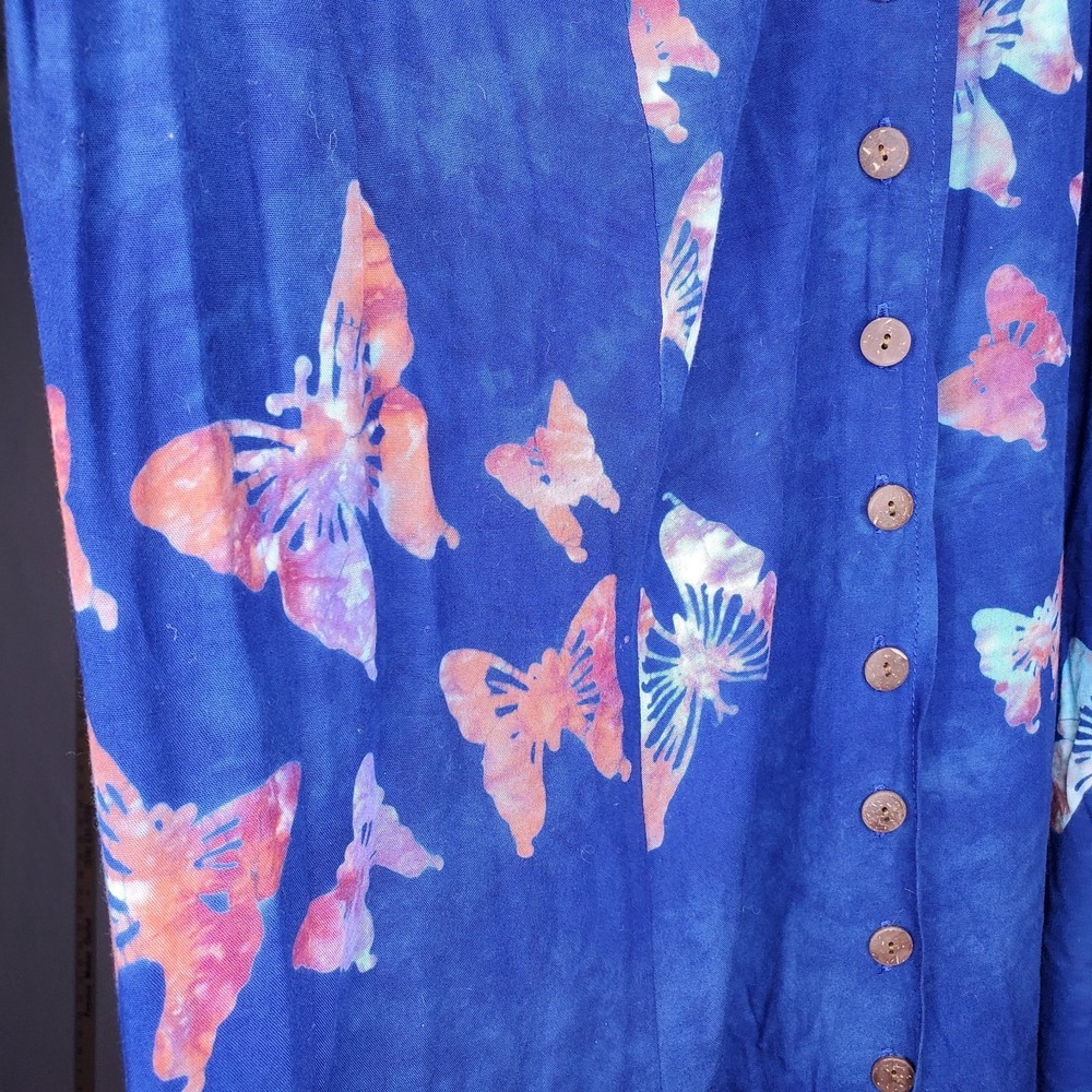 Jon Wenger Vtg Hawaiian Full Button Midi Dress L/XL Butterfly Fairy Hippie Beach - Picture 4 of 9
